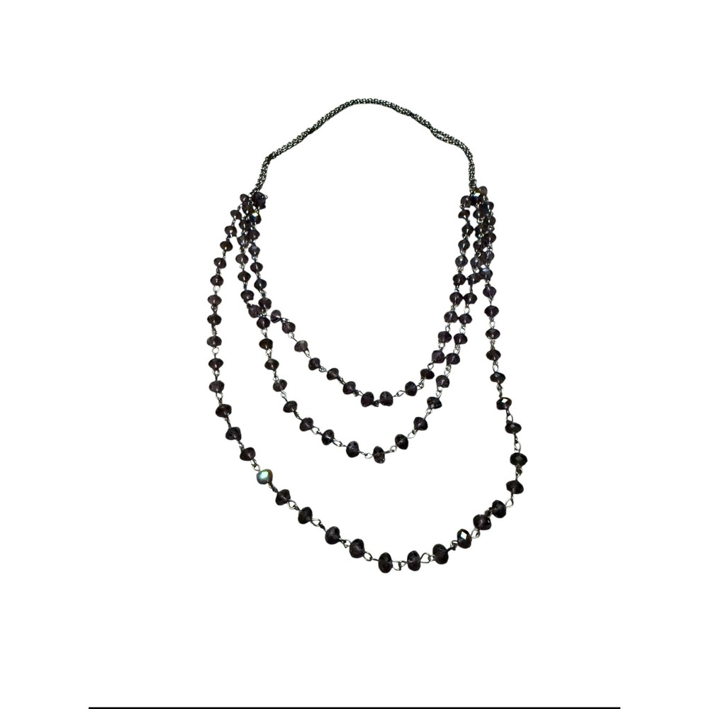 Triple Strand Faceted Purple Glass Bead Layered Statement Necklace‎ Smoky purple